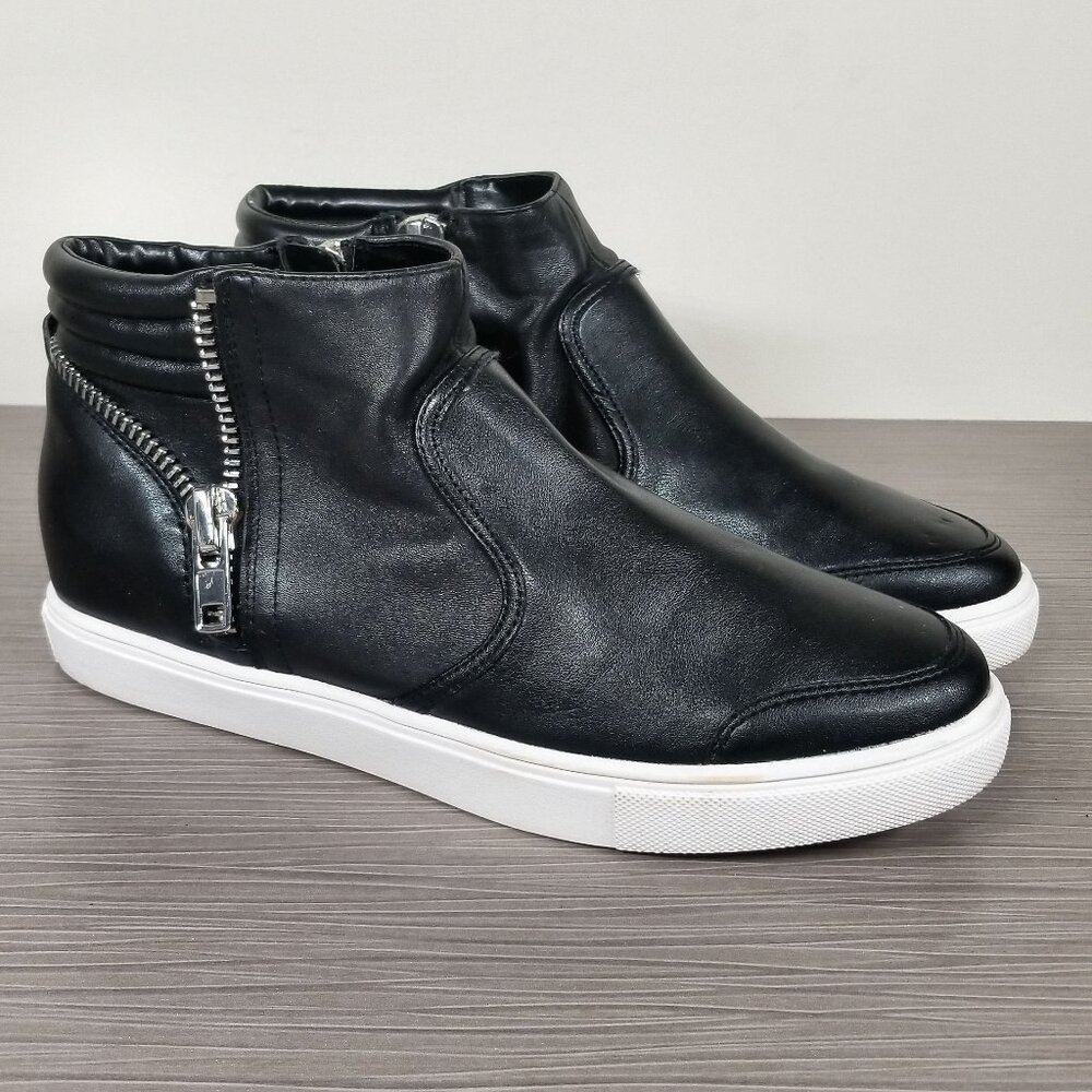 BP Mid-Top Side Zip Sneakers, Black Faux Leather, Womens Size 7 M